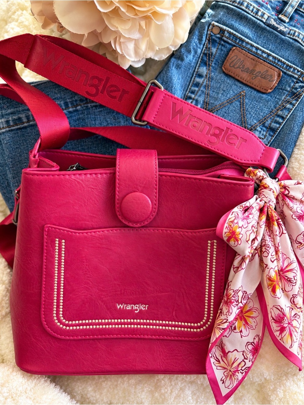 Wrangler Fuchsia Pink Crossbody Shoulder Bag Wide Strap + With Scarf 🎥